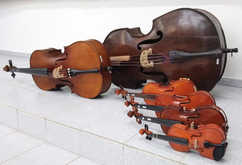 Violino 1/8 � o ?mascotinho? da fam�lia das cordas que conta ainda com viola, violoncelo e contrabaixo (maior de todos)