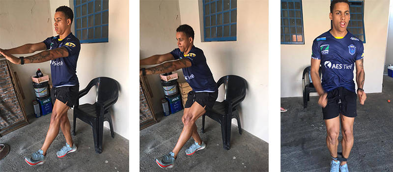 Cleverson Jr., do atletismo, usa uma cadeira durante parte do treino em casa